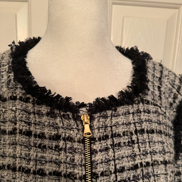 MILLY Black and White Plaid Fringe Houndstooth Wool Blazer Size 6 - Picture 4 of 11